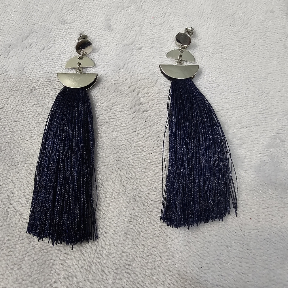 Navy Blue Tassel Earrings With Silver Accent